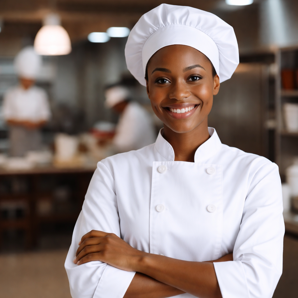 Cheffe Cuisinière de la pâtisserie et du restaurant gastronomique ESENGO à Brazzaville préparant une cuisine raffinée